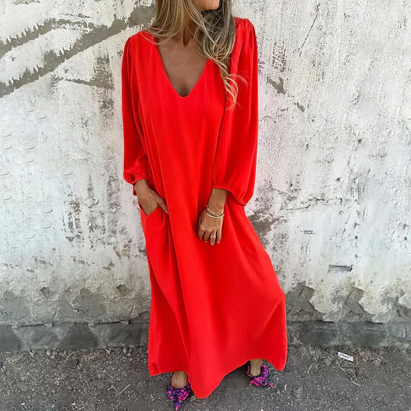 Signe | Lång Boho Klänning med Fickor | Perfekt för varje tillfälle!