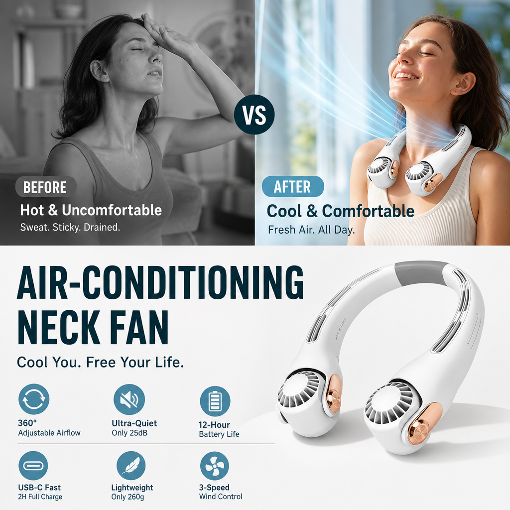ArcticFlow™ | 360° Neck Fan – Hands-Free Cooling & Whisper-Quiet Comfort