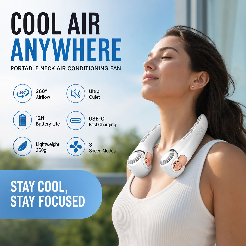ArcticFlow™ | 360° Neck Fan – Hands-Free Cooling & Whisper-Quiet Comfort