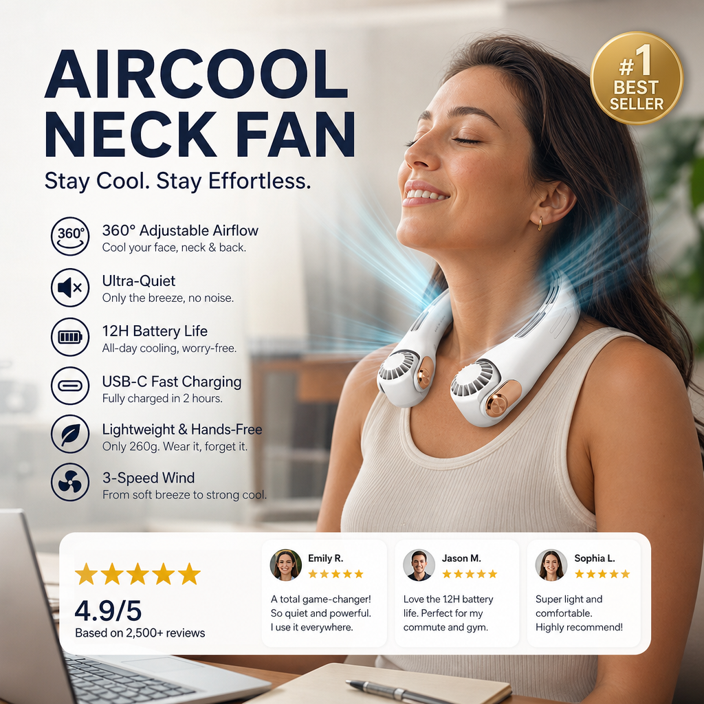 ArcticFlow™ | 360° Neck Fan – Hands-Free Cooling & Whisper-Quiet Comfort